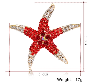 Detailed view of colorful starfish brooch with rhinestones and 5.6cm size dimensions