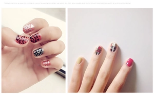 Detailansicht von 10ml Nagelstempelöl mit Leopard- und Karomustern auf fertigen Nägeln