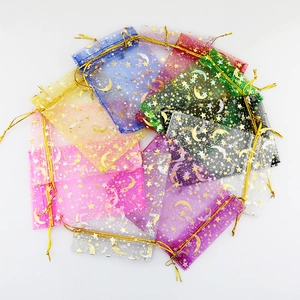 Star and moon gold foil organza gift bags 9x12cm in various vibrant colors