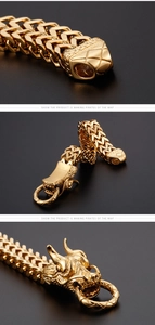 Close-up of gold 316L stainless steel dragon head bracelet with detailed scale texture