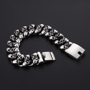 Vintage stainless steel skull chain bracelet for men with oxidized silver finish and clasp