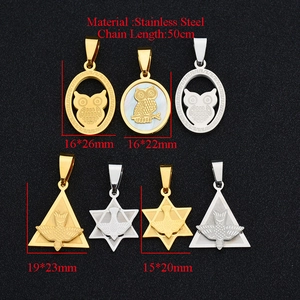 Detailed size chart of stainless steel owl and dove pendants on a black background