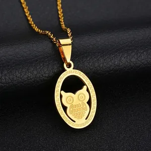Elegant gold-plated owl pendant necklace with shell inlay and stainless steel rope chain