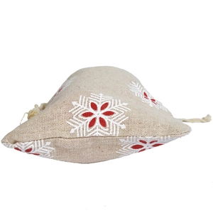 Linen gift pouch featuring red and white snowflake patterns with a drawstring closure