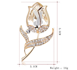 Detail view of crystal tulip brooch with dimensions 5.5cm by 3.1cm and weight 14g