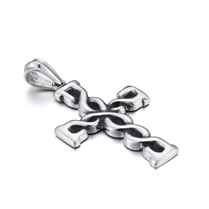 Vintage silver titanium steel cross pendant with textured finish on white background
