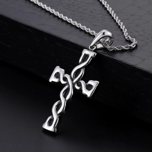 Twisted weave silver cross pendant on rope chain for men made of durable titanium steel
