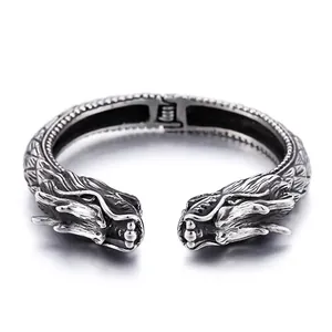 Bracelet Jonc Ouvert Homme Acier Inoxydable 316L Tête Dragon Loup Lion Rétro Punk Charnière Gothique Bijou