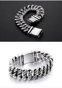 Close-up of polished 316L stainless steel Cuban chain bracelet with secure box clasp
