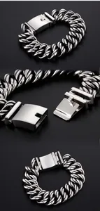 Detailed views of a heavy silver Cuban link bracelet with a secure push-button clasp