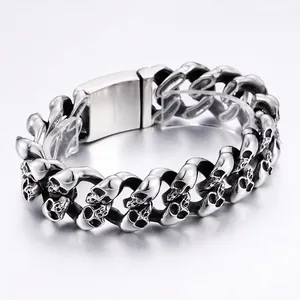 Skull Bracelet Men 316L Stainless Steel Gothic Punk Biker Rock Jewelry Heavy Link Chain Vintage Retro Silver Black Gold