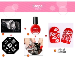 Schritte zur Verwendung des Nagelstempel-Sets mit Stahlplatte und rotem Nagellack