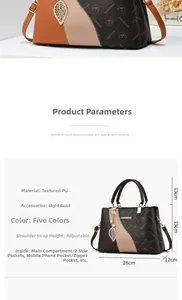Detailed view of tricolor PU leather handbag with gold leaf charm and texture details