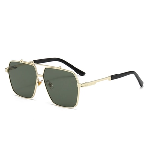 Classic double bridge square aviator sunglasses with gold metal frame and green lenses