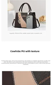Detail view of large capacity color-block cowhide tote bag with brand logo charm