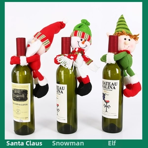 Three-piece Christmas wine bottle covers featuring Santa, Snowman and Elf plush designs