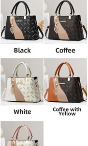 Detailed display of elegant leather handbags in five classic colors and metal leaf charms