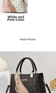Detail of color-block leather handbags with leaf charms and pearl accents