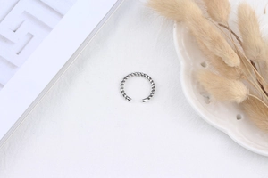 Detailed close-up of S925 sterling silver twisted ring on a ceramic tray with dry flowers