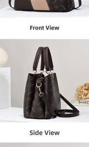 Front and side view of brown patterned crossbody handbag with gold-tone hardware details