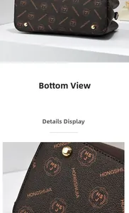 Detail of coffee monogram bag showing bottom metal feet and litchi grain texture