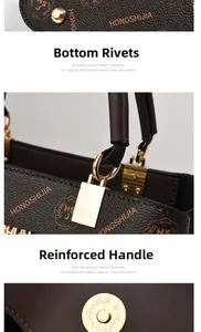 Detail view of reinforced metal bottom rivets and magnetic buckle on dark brown handbag