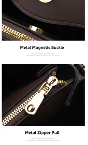 Detailed close-up of golden magnetic buckle and zipper on dark brown leather handbag