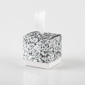 Sparkly glitter square gift box with silver and black lid plus white satin ribbon handle