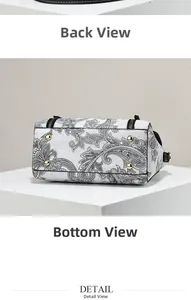 Détail du fond du sac à main paisley noir et blanc avec quatre pieds en métal doré
