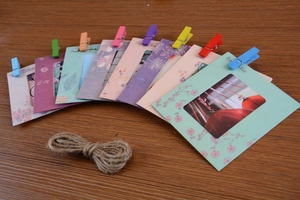 DIY wall photo frame kit with floral paper frames, colored mini wooden clips and hemp rope
