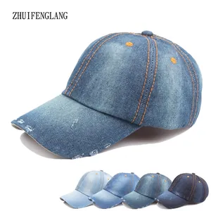Berretto Da Baseball In Denim Lavato Vintage Distressed Bordo Sfilacciato Cuciture A Contrasto Cotone Regolabile Sole Unisex