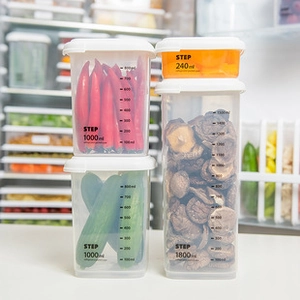 A set of clear plastic refrigerator storage containers with white lids and capacity marks