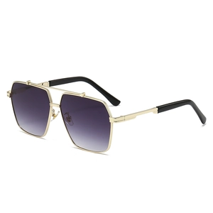 Fashionable square metal sunglasses with double bridge and purple gradient lenses