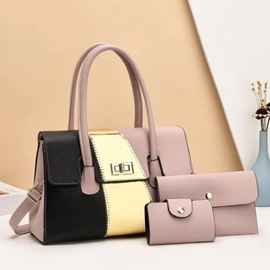 Three-piece tote bag set with color-block faux leather and gold buckle in elegant styling