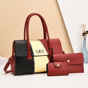 Three-piece tote bag set with color-blocking design and textured faux leather finish