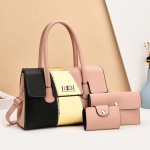Detailed set of three textured faux leather bags with stylish pink and black color blocking