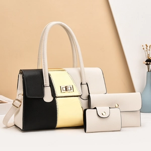 Three-piece women's tote set with color-block lychee texture and golden twist lock