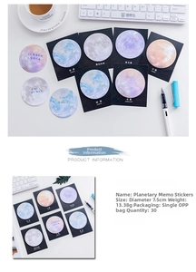 Detailed view of planetary sticky notes including Earth and Moon designs on white desk