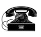 Macro detail of a vintage black rotary dial telephone with a classic handset on white background