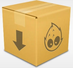 Detail of a brown corrugated shipping box with a downward arrow and cartoon logo