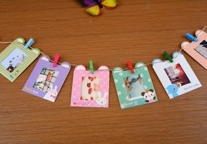 Set of 6 cartoon animal paper photo frames with colorful wooden clips and hemp rope