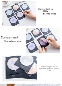 Detail of round planet sticky notes with realistic designs shown for writing and peeling