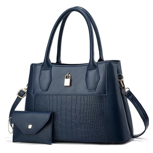 Navy blue faux leather tote bag with crocodile texture and gold lock charm 2-piece set