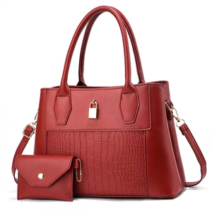 Red stone pattern tote bag set with golden padlock and detachable shoulder strap
