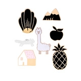 Detail view of 7-piece enamel pin set featuring cartoon celestial and animal shapes