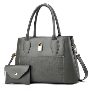 Grey crocodile texture handbag set with shoulder strap and matching envelope coin purse