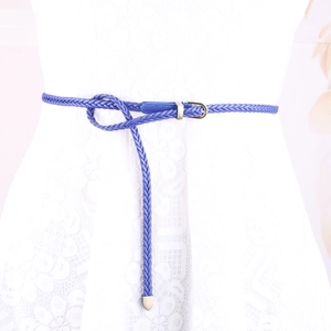 Blue braided slim waist belt with metal buckle on white lace dress for women