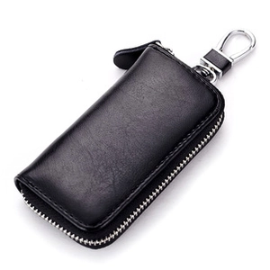 Macro di custodia per chiavi auto in pelle nera con gancio metallico e cerniera lampo
