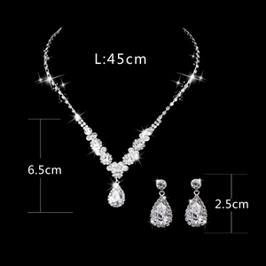 Silver bridal jewelry set with sparkling rhinestone teardrop necklace and earrings