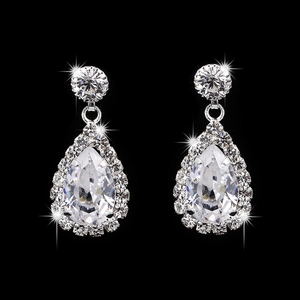 Elegant silver bridal teardrop earrings with sparkling pear-cut cubic zirconia crystals